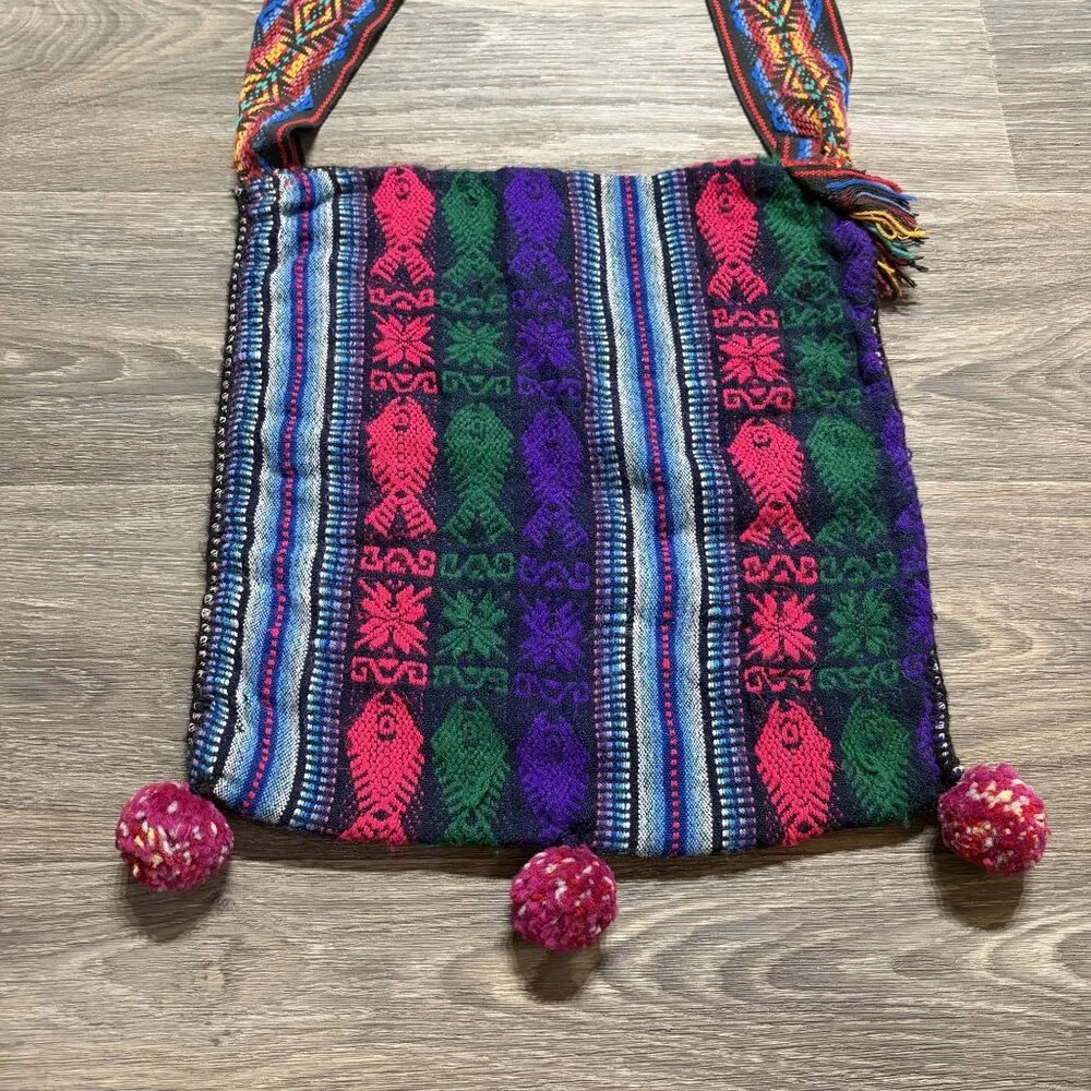 Multicolor Woven Bag Nepal Fish Motif PomPom Bohemian Grunge Festival 90s VTG